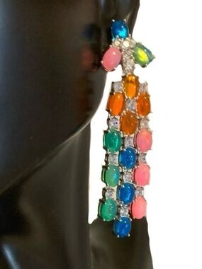 STERLING SILVER 925 MULTI-COLOR GENUINE OPALS W/CUBIC ZIRCONIA ACCENTS EARRINGS